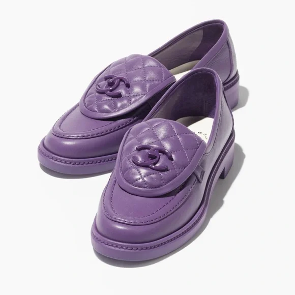 CHANEL Shoes Chanel Violet Quilted Tab Lambskin Flap Loafers